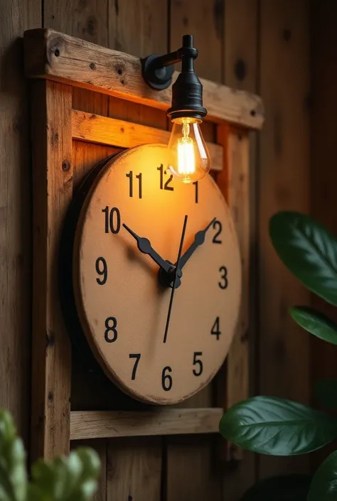 THE CLOCK FACE USES BROWN COLOR FOAM BOARD THERE ARE NUMBERS AND BLACK CLOCK HANDS ON THE CLOCK THERE IS WOOD CONNECTED WITH ONE LIGHT BULB 

ONE WOODEN BAR ON THE UPPER CLOCK 

ROUND CLOCK FACE 

FULL HOUR NUMBER 