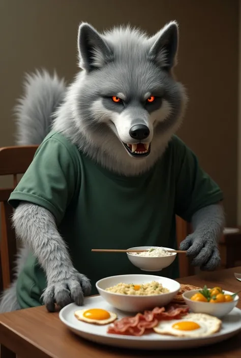 The grey-faced wolf    　   200cm tall
Fluffy arms
Legs with boots
fluffy gray tail
Make one eye glow red 
sitting on a wooden chair
Fried eggs and bacon on a white plate on a wooden table
He holds a bowl filled with rice in his right hand
Did you grab rice...