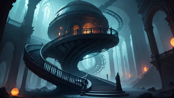 fantasy arts, floating staircase to unknown uninhabited surreal dimension, beautiful curves and spirals, portals, a sci-fi dark scene in the background.