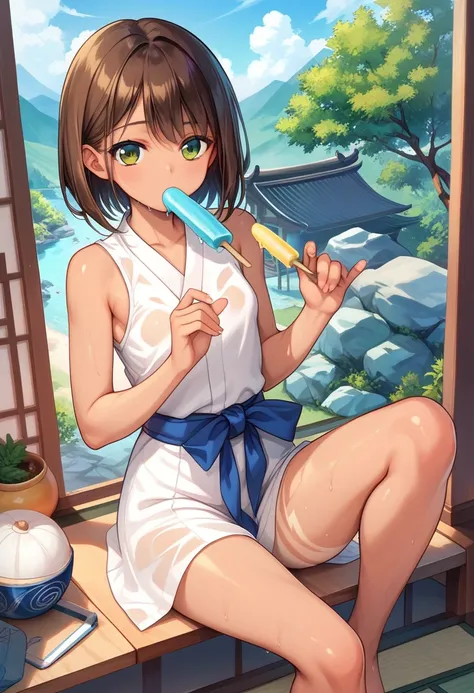 masterpiece, Best Quality, Very detailed, anime,petite girl,brown Hair,extra short hair,boyish,small tits, Wearing white sleeveless shirt , tanned skin, sweating, looking hot, holding a soda-flavored popsicle in her mouth, sitting on the veranda of an old ...