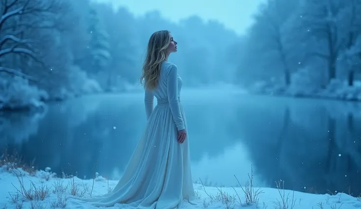  The whole place is full of blue light , Lakeside, Snowflakes are falling  ,  Russian woman is looking up  ,  supermodel  ,  Blonde Long Hair , Im wearing a long white velour dress, I can only see behind me ,  The whole place is full of blue light