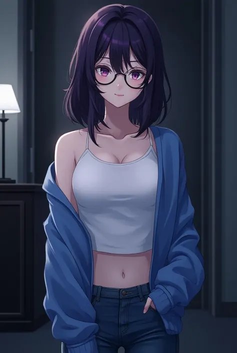  medium hair ,Dark purple hair,Round Glasses,Purple Eyes,Pure white skin,Beautiful Boy,female々Young boy,Cute boy,female性的な男子,Neutral,Crossdresser, white long-sleeved t-shirt , and Im wearing a blue cardigan over my t-shirt,Mouse-colored jeans ,Height is ab...