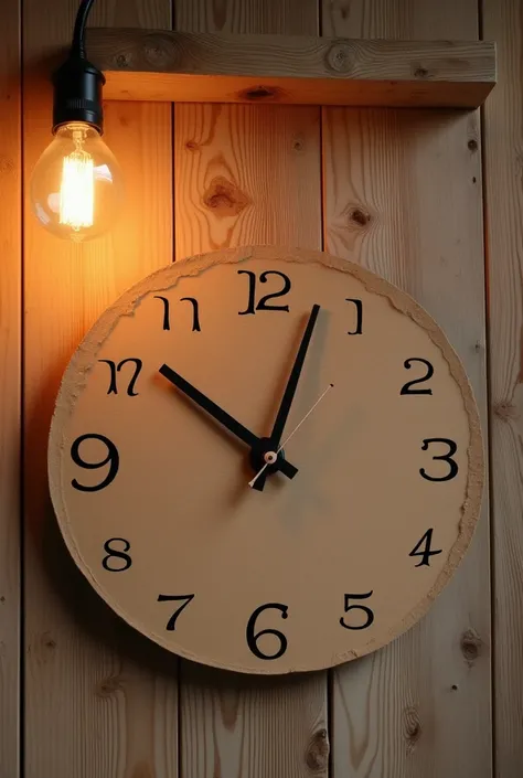 THE CLOCK FACE USES BROWN COLOR FOAM BOARD THERE ARE NUMBERS AND BLACK CLOCK HANDS ON THE CLOCK THERE IS WOOD CONNECTED WITH ONE LIGHT BULB 

ONE WOODEN BAR ON THE UPPER CLOCK 

ROUND CLOCK FACE 

FULL HOUR NUMBER 

JUST ONE STICK ON THE CLOCK NOT A CIRCLE