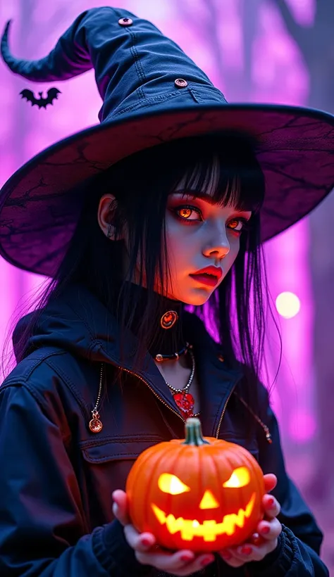 a cyberpunk cyborg girl,(1woman),jack-o-lantern,witch,halloween decorations,transparent purple overlay,photorealistic,8k,highly detailed,masterpiece,(best quality,4k,8k,highres,masterpiece:1.2),ultra-detailed,(realistic,photorealistic,photo-realistic:1.37)...