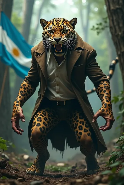 A surreal and intense scene where an insane hybrid creature, merging the President of Argentina, Javier Milei, and a fierce jaguar, stands in a chaotic, wild setting. The creature has the face and stance of Milei, with expressions of anger and determinatio...