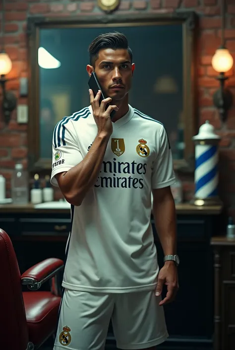 Ronaldo dialing police from cellphone police, Barber shop, Ronaldo wear real Madrid dress 