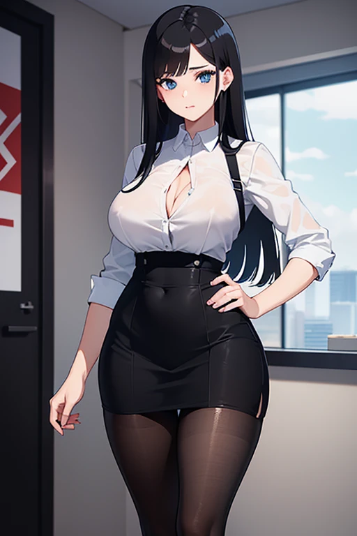 A caucasian girl with straight black hair, 30 years old secretary, blue eyes, fit body and medium breast, big ass, wearing a white shirt, little cleavage, short black and slim skirt revealing her curve, wearing tights, red manucure on her nail, anime style