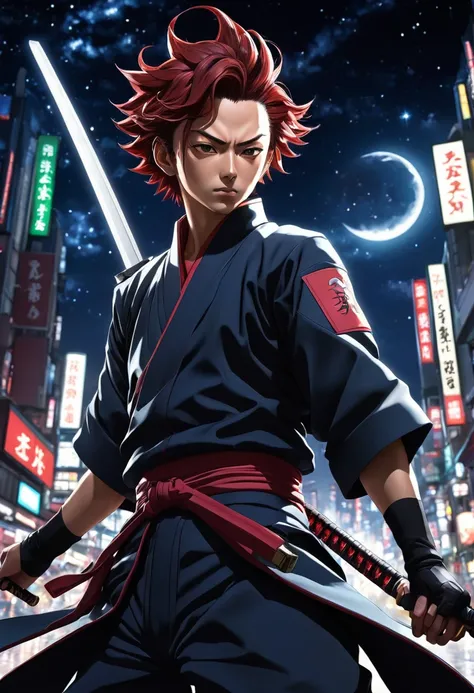 Tanjiro Kamado, face with maximum detail in high resolution, faithful to the anime, facial expression in high resolution, clothes also with the highest possible fidelity and details, futuristic clothes and accessories, dynamic katana fighting poses, high r...