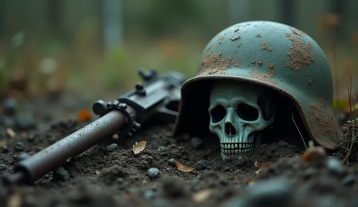 Worn Helmet and Rusty Gun: A close-up of an old, rusty military helmet lying on the ground with a gun half-buried in mud. In the reflection of the helmet, a ghostly face with hollow eyes appears faintly, looking as if it’s watching.
