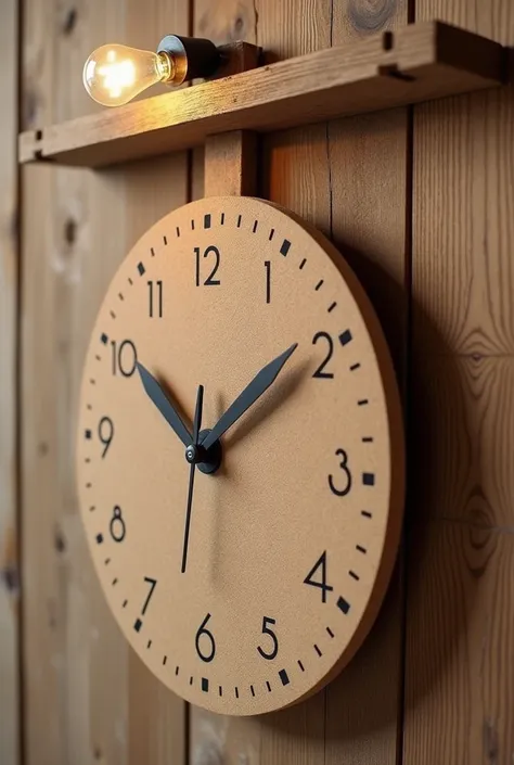 THE CLOCK FACE USES BROWN COLOR FOAM BOARD THERE ARE NUMBERS AND BLACK CLOCK HANDS ON THE CLOCK THERE IS WOOD CONNECTED WITH ONE LIGHT BULB 

ONE WOODEN BAR ON THE UPPER CLOCK 

ROUND CLOCK FACE 



JUST ONE STICK ON THE CLOCK NOT A CIRCLE