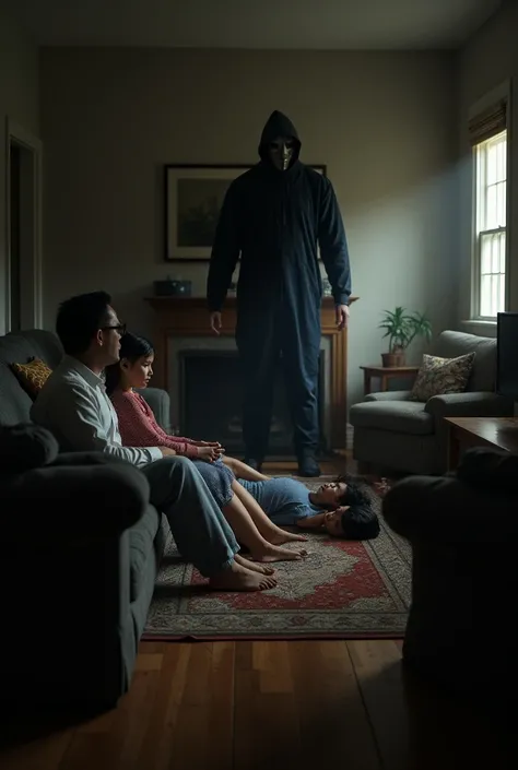 Father mother little sister being murdered by a masked person and little brother hiding and watching them in living room