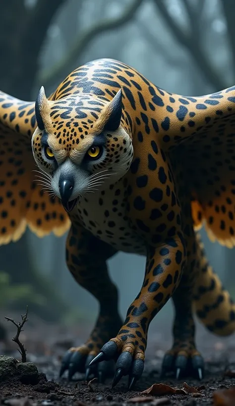 : The owl’s stealth and wings blend with the leopard’s powerful build, creating a creature that can soar silently and strike with deadly force.