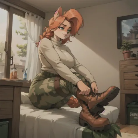 anthro bandicoot girl redhead, braided hair, beautiful green eyes, sexy ,seductive, warm sweater, camouflage pants, army boots, ...