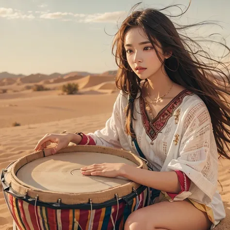 Girl with a beautiful face playing the drum in the desert