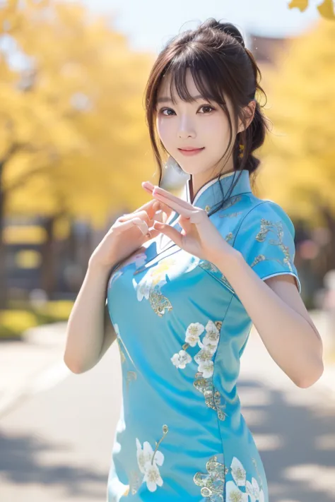 photo-realistic quality、japanese model posing for kung fu wearing a blue china dress、the background is a row of yellow ginkgo tr...