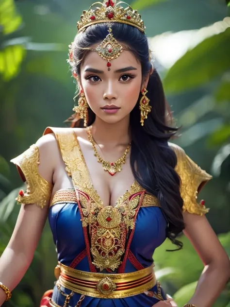 a beautiful indonesian woman as a hero in dynasty kingdom of majapahit, wearing small gold neklace like a queen, wearing red kem...