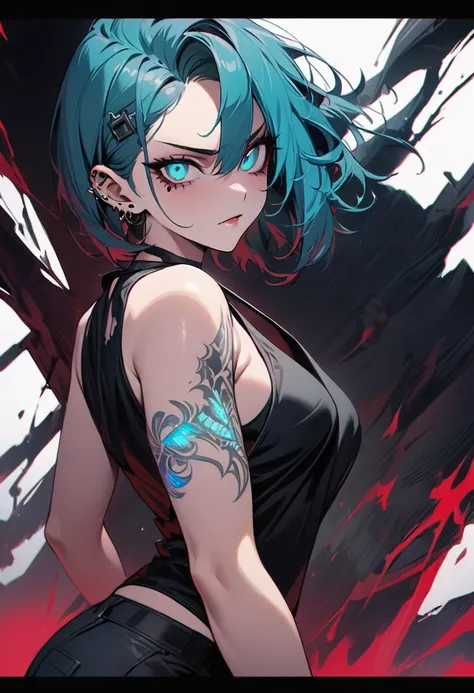 Shojo-Anime-Porträt,( extremely detailed, masterpiece:1.2),really pretty,Side shot,black fabric pants , iridescent conjunctivitis, That looks at you ,serious eye,intense look,turquoise short hair, sidecut, piercings, black neon  ,black tank top, Gothic tat...