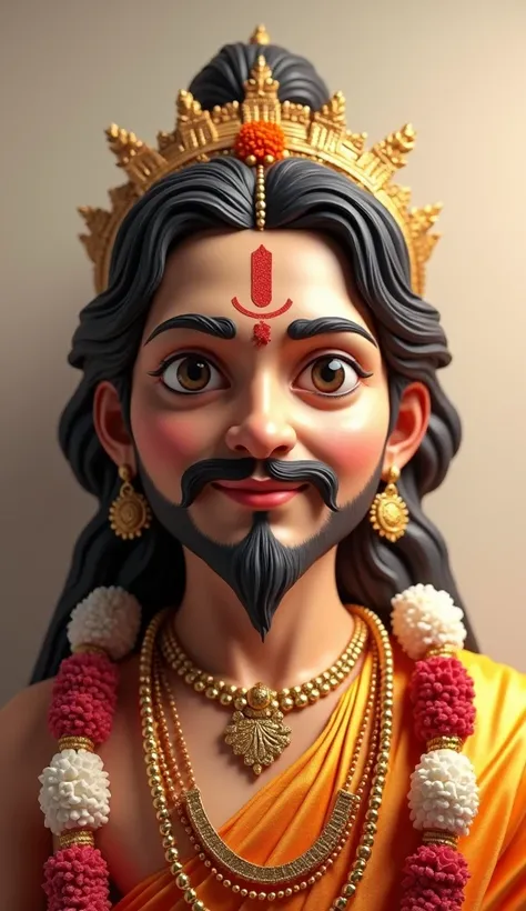 An Indian god with a moustache and a medium size beard, applying a red tilak on his forehead. wearing Indian traditional dress and jewellery. Wearing a robe type dress made of silk. Wearing lots of garlands made of flowers. He has no body, no hands, no leg...