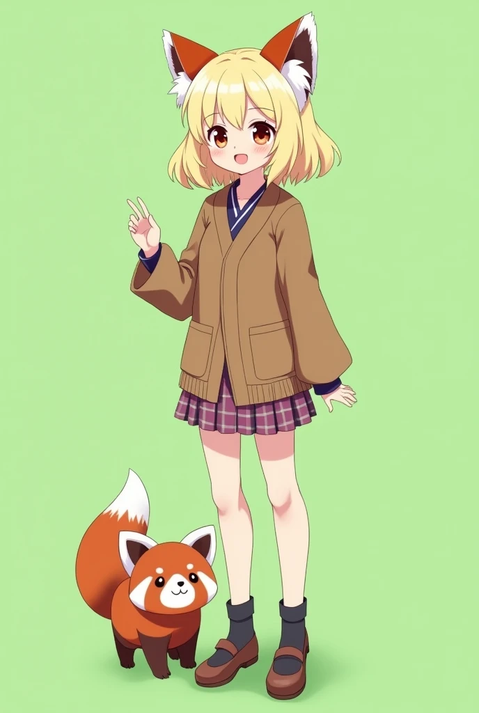 Slightly mature women with red pandas ear, detailed shiny eyes, cream colored hair, medium hairstyle,Japanese fashion wear,smile,stand naturally facing forward, a cute red panda next to the feet,Japanese , full body, pure green background , anime style