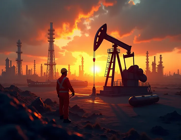  Create a representative image for the Ministry of Mineral Resources , Oil and Gas ,  highlighting their main activities and resources in a symbolic and impactful way .  The composition must include an oil rig equipped with cranes and storage tanks,  opera...