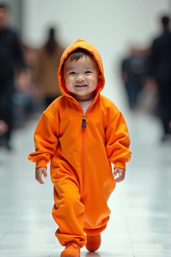 A smiling baby, wearing an orange onesie, walking on a catwalk. and the clothes are street cleaners.  to blurred images of people walking in the same direction on a walkway, a neutral environment, without many background details. The s expression is happy,...