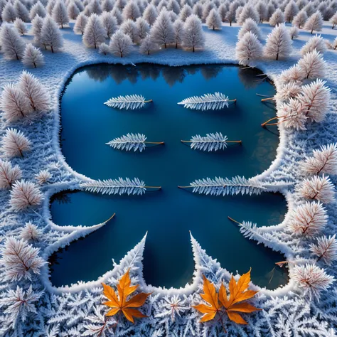 nature,3ddianshang(style),During the day,bright daylight,frost,beautiful winter outdoor scenery,the branches on the dead leaves are covered with thick white frost,the leaves are covered with white frost,the background color is cold and bright,super beautif...