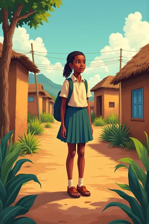 I want a poster in which a girl of villages going to school, she is first  of her village who is going to school and inspiring other girls to go school 