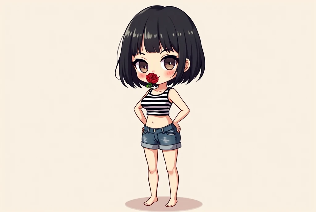 Chibi Cute girl with black short hair, wearing a black and white striped tank crop top, wear Jeans shorts Rose in mouth and sexy pose , full body,