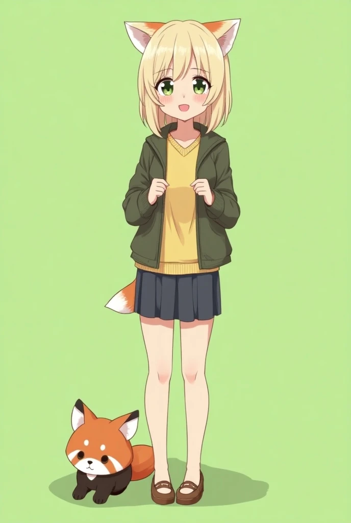 mature women with red pandas ear, detailed shiny eyes, cream colored hair, medium hairstyle,Japanese fashion wear,smile,stand naturally facing forward, a cute red panda next to the feet,Japanese , full body, pure green background , anime style