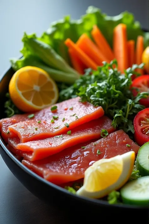 Hyper-realistic close-up of a perfectly arranged meal prep: lean proteins, vibrant vegetables, and fresh fruits, with high detail on textures—glossy meats, fresh greens—focused on Ronaldo’s clean eating habits.