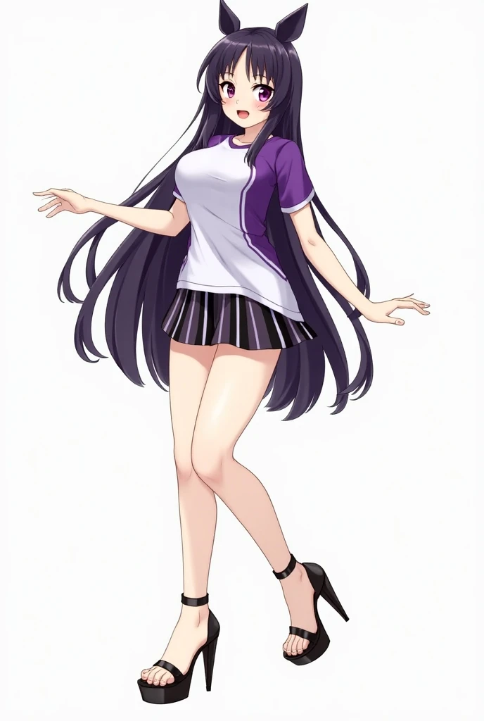 Luz Noceda, huge breasts, neckline, (( purple and white short t-shirt and black striped miniskirt)),  high-quality fanart ,  open legs, official fanart, official art, (NSFW), barefoot, ((platform high heels with open toe ))