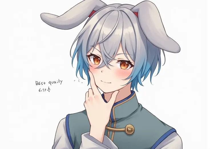 masterpiece, Best Quality, One person, male focus,  animal ears , Alone,  blue hair , Multicolored Hair, Bunny ears, Two-tone hair, mole, Gray Hair, Chinese clothes,  upper body,  simple background ,  Brown Eyes , orange eyesmole under mouth, hand on own c...