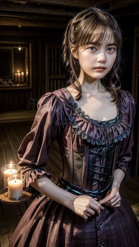  one woman、alone、Frowning、anger、(flat chest、small breast、slim body)、(Gothic Lolita fashion:1.2)、pink and purple fashion、(corset)、indoor、Dark Room、Wooden Room、 Cracked Walls 、Dirty wall、 the room lights are candles only、 candle lights