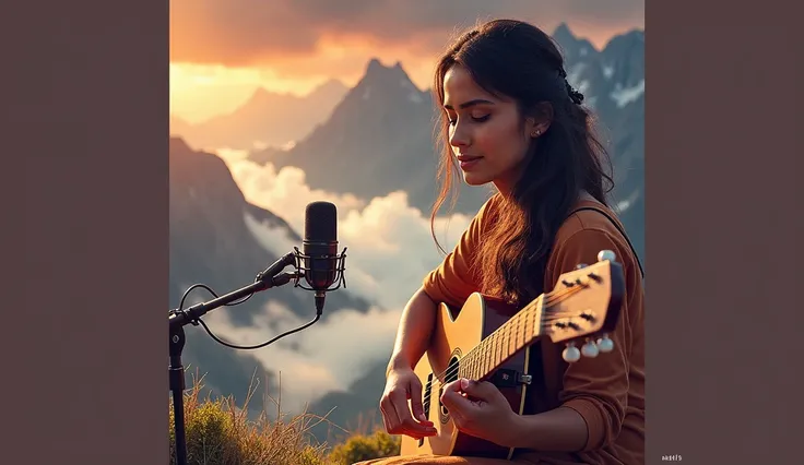 "full screen Create a captivating thumbnail for the theme Yeeshu Mujhe Svarg Le Chalo. It should show a woman playing a guitar with a microphone in front of her. The setting is a natural mountain landscape, with a serene and spiritual vibe. The woman appea...