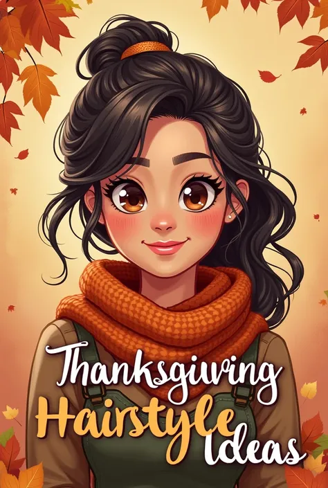 a 25 year old girl with Textured Scarf Half-Up Hairdo hair style. write "15 Thanksgiving Hairstyle Ideas." The text on the image