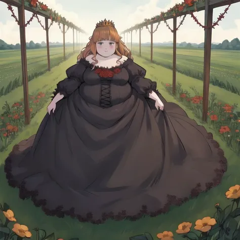 Beautiful Queen,obesity,  wearing a crown of thorns ,full body,
Field and flowers in the background ,
 Abigail Larson, achromatic ,
masterpiece,  ultra high resolution ,  high quality,