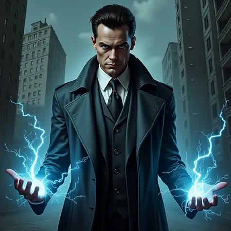 In a dark, oppressive city, a corrupt elite politician stands with a powerful and malicious look. He wears an elegant suit and trench coat, but his hands emit a blue electric energy, symbolizing the control and manipulation he exerts over others. His expre...