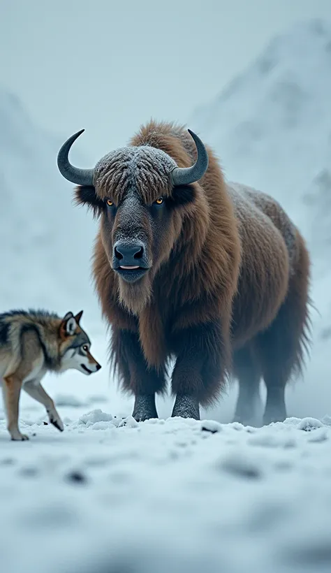 A powerful musk ox braces itself, steam rising from its breath, as an Arctic wolf lowers itself, ready to strike.