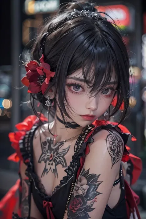 Best Quality、8k、masterpiece：1.3、Gothic Punk、 The inside color is red 、Gray Black Hair、 hair accessories 、 beautiful girl、 Creative 、Punk Shirt、Neogoth、 goth fashion ：1.2、 high definition、masterpiece、Best Quality、頭w:1.3、((  Hasselblad Pictures ))、 fine skin...