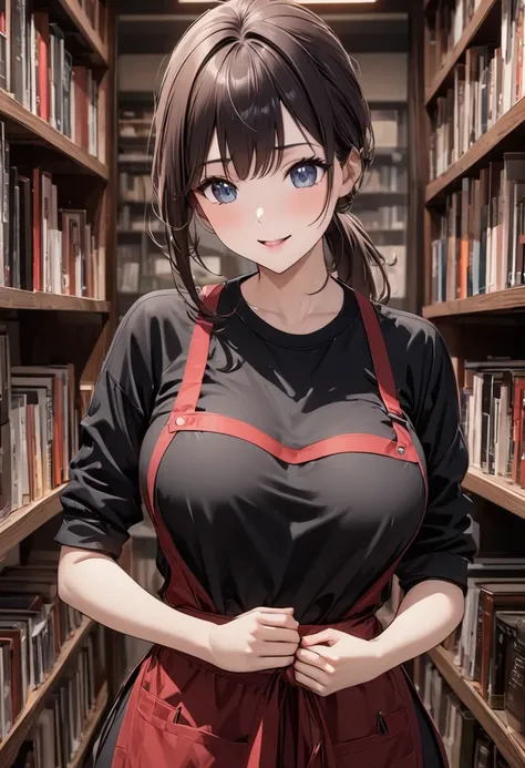 Beautiful girl 、Age 30、Best Quality、Ultra-precision、Detailed drawing、clerk、A bright bookstore、Lots of books on the wall、 black shirt、 red apron 、Sharpness、 ponytail、Hold out your hands、Vivid colors、upright posture、front、 looking at the camera、A very ecstat...