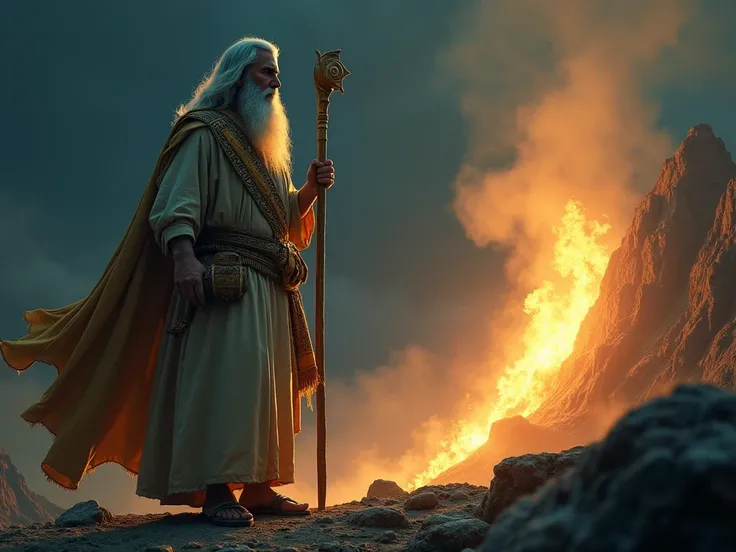  , mountaintop of Sinai, GOD live mountain,　Burning lawn trees emit light, Side view, full body, Tom Cruise as Moses, Exodus Egypt, white long hair,  white beard, serious. Jewish ancient costume ,sandal, a large long cane, in old Egypt era,  , night 