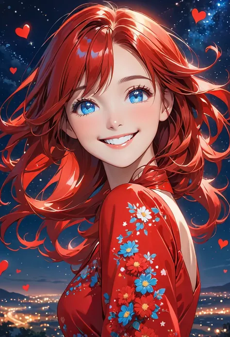 A girl with a smile on her face, looking happy, in a red dress, long shiny red hair, and shiny blue eyes. In the background is a night sky and stars, with red hearts around her.