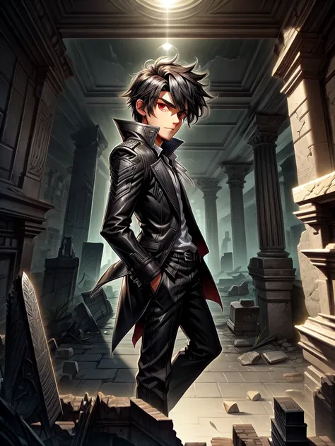 detailed 8k male night hunter black hair red eyes wearing black overcoat that is located inside the ruins within the ruins