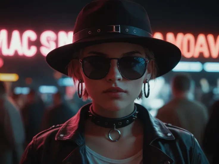 Close-up do rosto, Alternative girl,  looking over black sunglasses , jacket, collar,  neon light reflections on the skin, earring, makeup,  skin imperfections,  short hair, hat, neon light background , low light,  depth of field , highly detailed, High co...