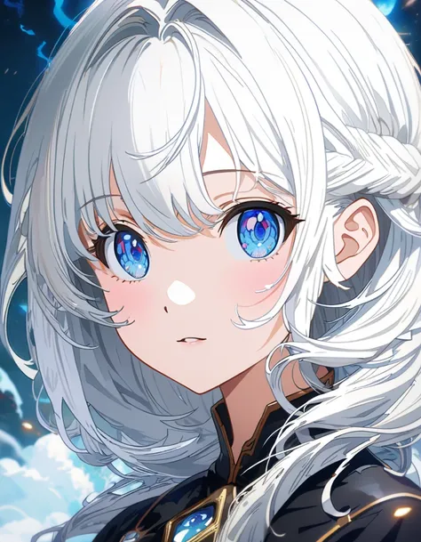 anime girl with long white hair and blue eyes in a black dress, a character portrait by Shitao, pixiv, auto-destructive art, detailed portrait of anime girl, beautiful anime portrait, perfect white haired girl, girl with white hair, detailed digital anime ...