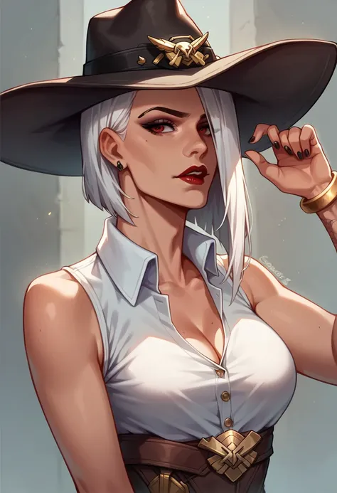 score_9 up, score_8 up, score_7 up, 1female, tanned skin, Ashe from Overwatch is sexy, Ashe smirks, detailed face