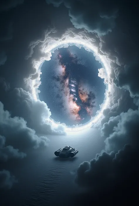 The theme is「Door to Another Dimension 」、 A fuzzy whitish smoke-like ring floats in outer space、pitch-dark universe 、 The other side of the ring is a different dimensional space 、A lot of galaxies can be seen 、You can see the Milky Way、 the spaceship is sh...