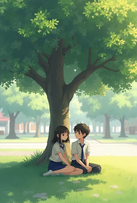 A boy and girl sitting under tree in school dress