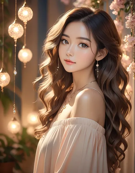 The image depicts a person with long, wavy hair cascading over their shoulders, illuminated by soft light. They are wearing a dark, off-the-shoulder top, and there is a metallic pendant or accessory hanging from their neck. The background consists of soft ...