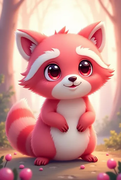 A cute pink raccoon with big cute red eyes 